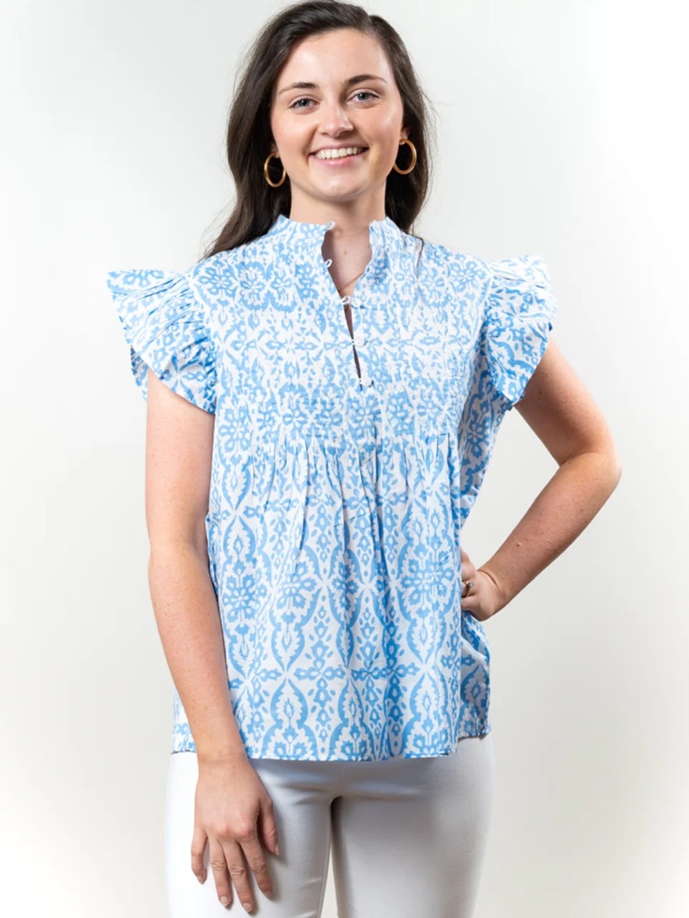 Liza Byrd Ava Pin Tuck Flutter Sleeve Blouse Blue White Sz Medium Cotton